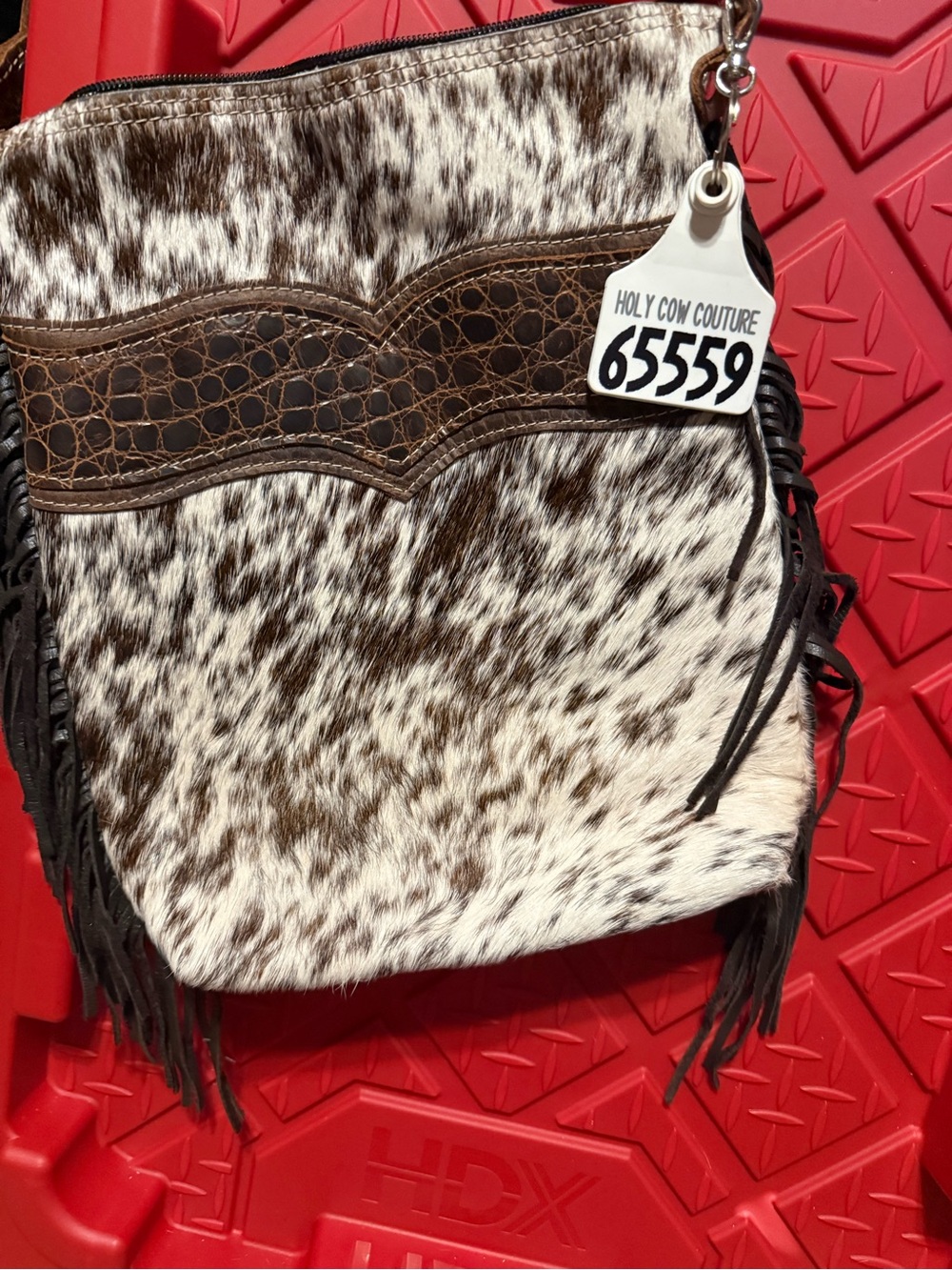 Brown & White Holy Cow Couture Mini Bagpack short custom fringe